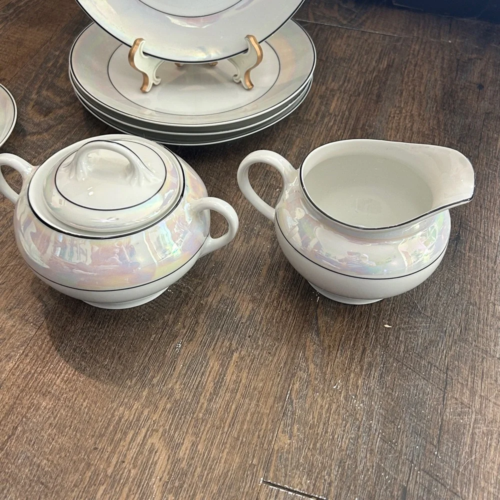 Z.S.C. Bavaria Iridescent Floral Porcelain Lunch Plates Tea Cups Saucers Sugar‎